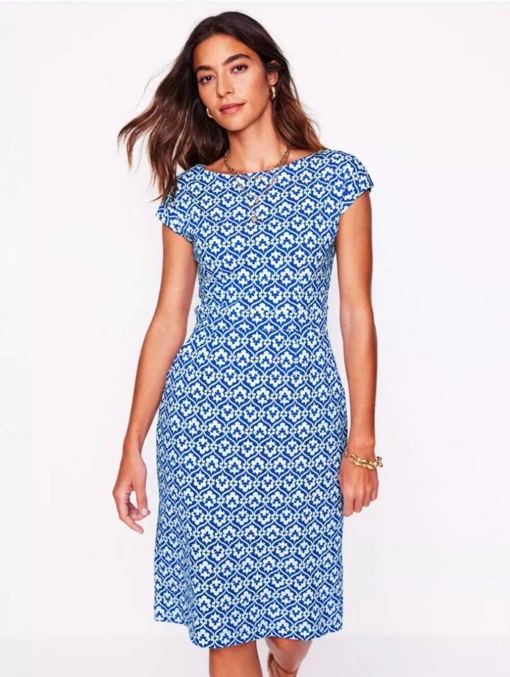 Boden Florrie Trellis Jersey Midi Dress Size 12 Long Cotton Blue White Pockets